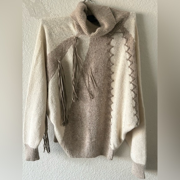 Vtg Silk Angora Sweater, Fringe, Pull Over, Turtle Neck, Soft Knit, Faux Suede - Picture 2 of 14